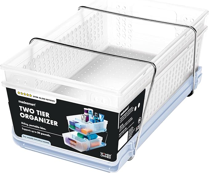 madesmart 2-Tier Organizer, Multi-Purpose Slide-Out Storage with Handles and Dividers for Home and Bath, Easy Assembly, BPA Free, Blue