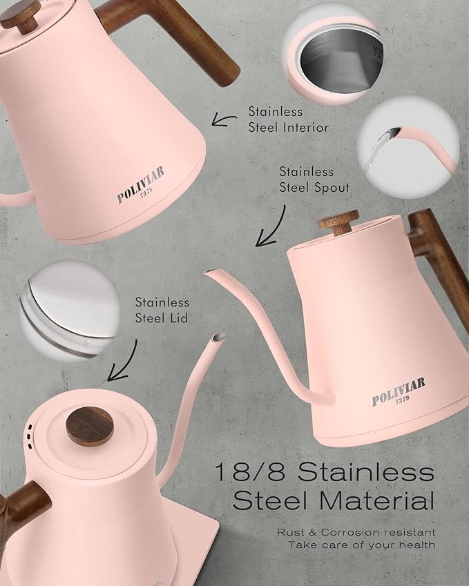 POLIVIAR Electric Gooseneck Kettle, 1200W Electric Tea Kettle Real Wood Handle, 34oz Pour Over Electric Kettle for Coffee & Tea, 18/8 Stainless Steel Inner, Temperature Control & Rapid Heating