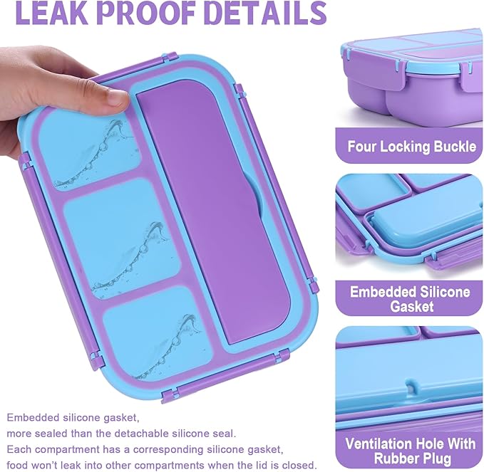 Bento Box for Kids Girls Boys, Bento Box Adult Lunch Box with 4 Compartments, Lunch Containers with Utensils, Sauce Jar, Muffin Liners for School, 40 Oz/5 Cup, Purple