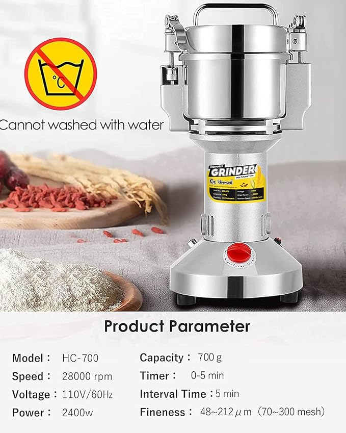 CGOLDENWALL Safety Upgraded Electric Grain Grinder Mill High-speed Dry Spice Herb Mill Grinding Machine with 2400W Commercial Motor Overload Protection CE 110V (700g Hand-held Type)
