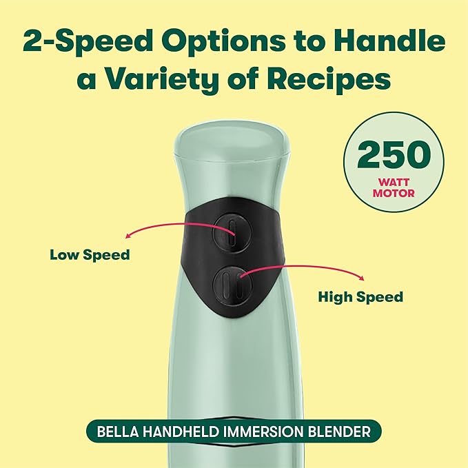 bella 2-Speed Hand Immersion Blender with Whisk Attachment, 250 Watt, Sage, Immersion Blender with Dishwasher Safe Whisk & Blending Attachments for Food Prep (17576)