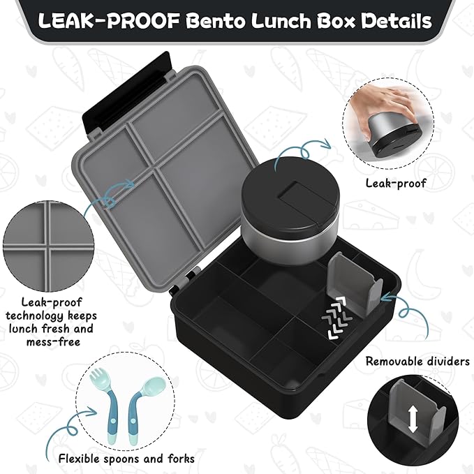 Kids Bento Lunch Box with 8oz Soup Thermo, Kids Leakproof Lunch Food Containers with 4 Compartment,Insulated Hot Food Jar with Lunch Bag for School, Travel (Black)