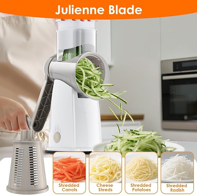 5 Blade Rotary Cheese Grater and Vegetable Chopper with Storage Box and Hand Crank, Compact Shredder for Cheeses, Veggies, Nuts - Easy to Use, Non-slip Suction Base,White