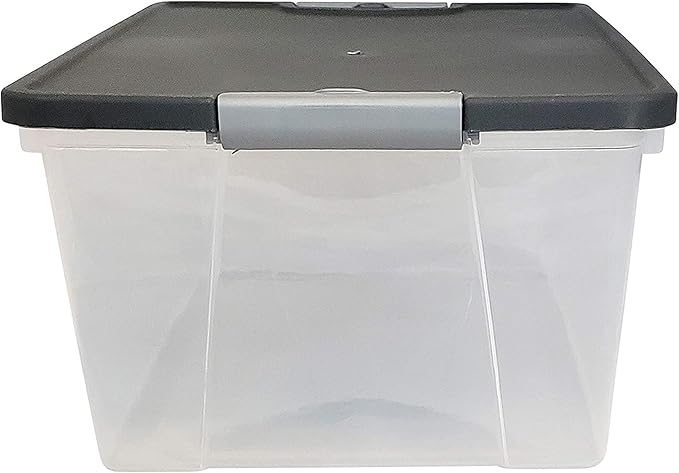 HOMZ 4-Pack Secure Latch, Clear Plastic Storage Organizer Bins, 15 Quart, Gray Lid - Stackable Container Boxes for Bedroom, Bathroom, Garage, and Office Organization