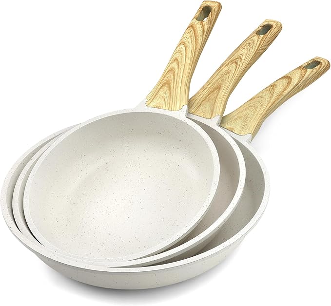 GiPP Non Stick Frying Pan Set - 8" 9.5" 11" Granite Nonstick Pan Skillet, Non Toxic Pans for Cooking, Omelette Pan with Stay Cool Handle, Induction Compatible, PFAS/PTFE/PFOA Free, White