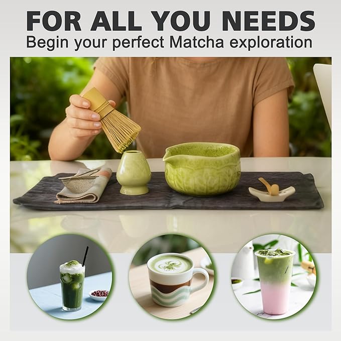 Matcha Whisk Bowl Set, 7PCS All-in-One Japanese Tea Set Includes Matcha Bowl with Spout, Bamboo Whisk (Chasen) with Stand, Scoop, Sifter, Complete Kit for Ceremony, Gift for Matcha Tea Lovers(Ivory)