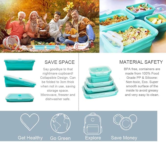 AMAZING CONTAINERS™ Collapsible Silicone Food Storage Container Set of 4 with Lids | Stackable | Microwaveable | Freezer, Dishwasher Safe| BPA Free