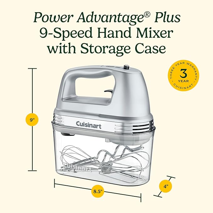 Cuisinart Power Advantage PLUS 9-Speed Hand Mixer, 220W-Motor Hand Blender Electric Mixer with 9 Speed Settings, XL Dishwasher-Safe Beaters, 3 Low Mixing Speeds, Storage Case, HM-90BCS, Brushed Chrome
