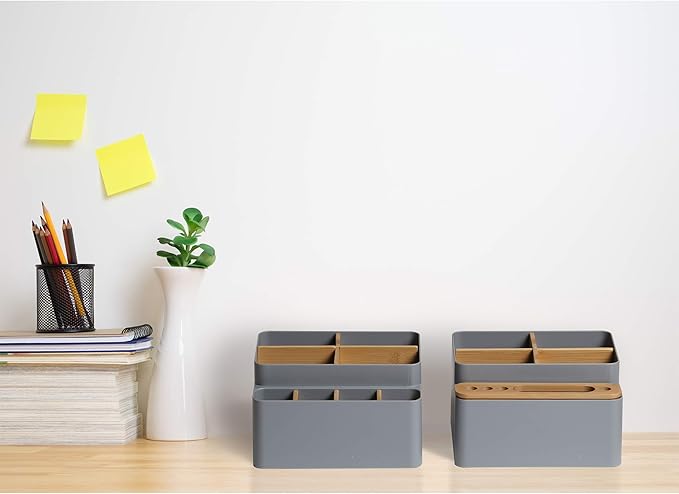 Seville Classics Bamboo Premium Organizer Storage Bins for Kitchen Silverware, Pantry, Closet, Office Desk, Pens, Utensils, Makeup, K Cup, Bamboo/Gray, Desk Caddy