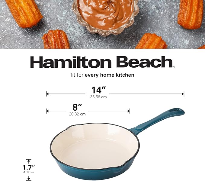 Hamilton Beach Enameled Cast Iron Fry Pan 8-Inch Navy, Cream Enamel Coating, Skillet Pan for Stove Top and Oven