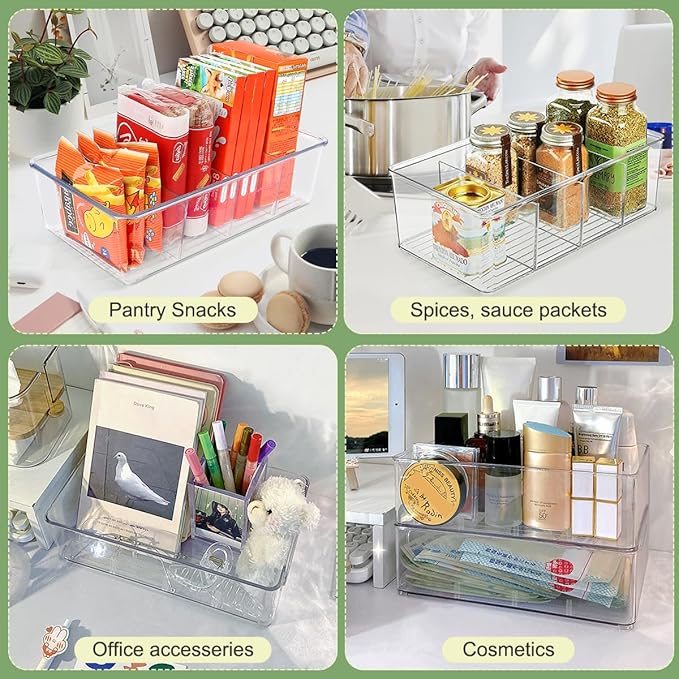 Snack Organizer for Pantry Shelf, 4 Pack Clear Plastic Pantry Storage Bins with 3 Dividers for Snacks, Spices, Chips Food Organizer, Stackable Pantry Organizers for Kitchen, Fridge, Cabinet