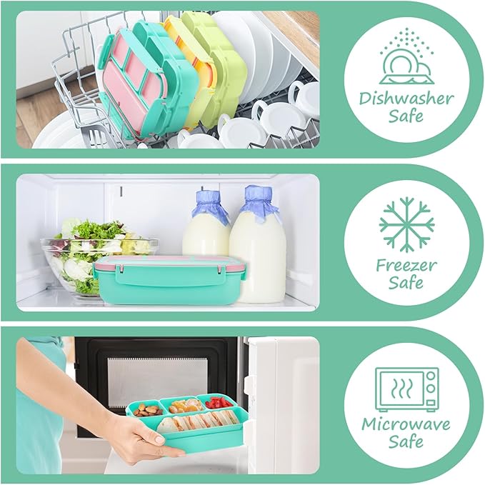 QQKO Bento Box for Kids Adults, School Toddler Lunch Box for Boys Girls, Lunch Box Containers with 4 Compartments, Sauce Container, Utensils, Food Picks and Muffin Cups for School, Pink Green
