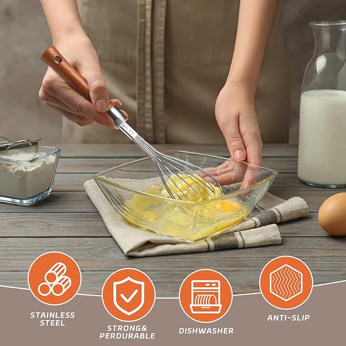 Stainless Steel Wire Whisk - Wooden Handle Kitchen Whisk - Balloon Whisk Egg Beater for Stirring Whisking Blending Mixing Egg Gravy Cake Batter Flour or Sauces.