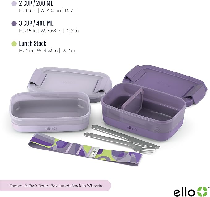 Ello 2-Pack Lunch Stack Plastic Food Storage Container Bento Box with Airtight, Leak-Proof Locking Plastic Lids and Silicone Base, BPA-Free, Freezer, Microwave, and Dishwasher Safe