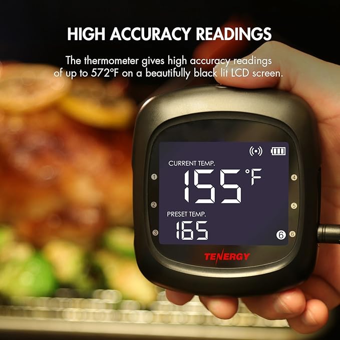 Tenergy Solis Digital Meat Thermometer, APP Controlled Wireless Bluetooth Smart BBQ Thermometer w/ 2 Stainless Steel Probes, Large LCD Display, & Carrying Case, Cooking Thermometer for Grill & Smoker