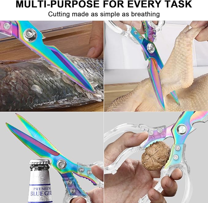 CGBE Kitchen Scissors, Multi-Purpose Kitchen Shears, Heavy Duty Dishwasher Safe Food Scissors for Chicken, Poultry, Fish, Meat & Herbs with Non-Slip Grips (Transparent Colorful)