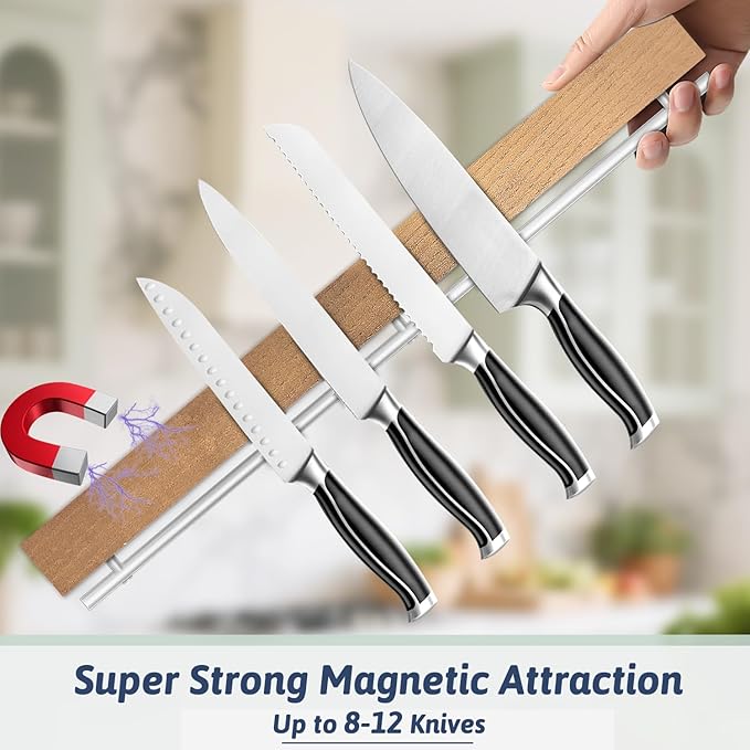 23 Inch Magnetic Knife Holder for Wall - Pailexin Wooden Magnet Knife Strip No Drill with 15 Hooks/Adhesive Tape/Screws, Kitchen Utensil Holder, Magnetic Knife Organizer, Wall Mounted Knife Storage