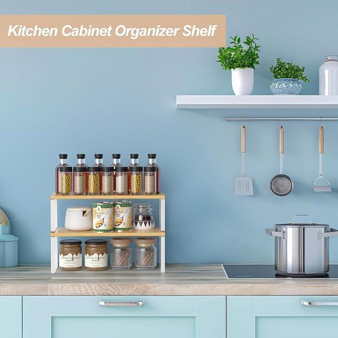 NEX Bamboo Cabinet Organizer Shelf, Set of 2 Kitchen Counter Shelves, Spice Rack, Stackable Kitchen Shelves Organizer, Pantry Cupboard Dish Mug Cup Storage Shelf, White and Natural
