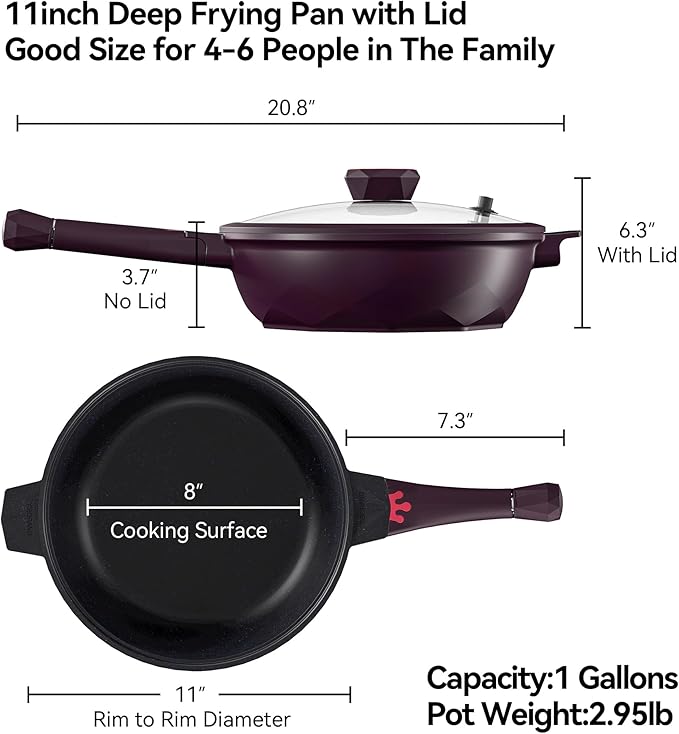 TIBORANG 8 in 1 Multipurpose 11 Inch 5 Quart Heat Indicator Nonstick Deep Frying Pan with Glass Lid,Steamed Grid,PFOA-Free,Dishwasher&Oven Safe,Works with All Stovetops (Midnight Purple)