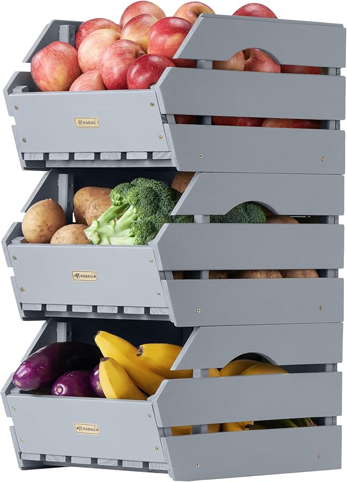 HABAU Wood Potato Onion Storage Bins - Wooden Stackable Produce Basket - Fruit Vegetable Storage for Kitchen Pantry Organization, Set 3 Pieces