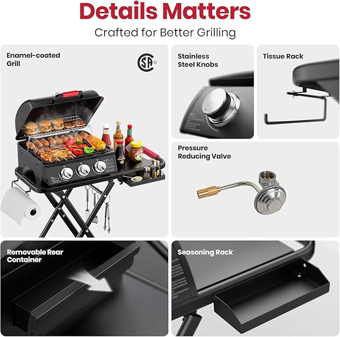 3-Burner Portable Gas Grill with 30,000 BTU, 320 SQ.IN Detachable Propane Grills, Non-Stick Porcelain Grate, Built-in Thermometer, Quick-Fold Design for Camping, Tailgating & Outdoor BBQ