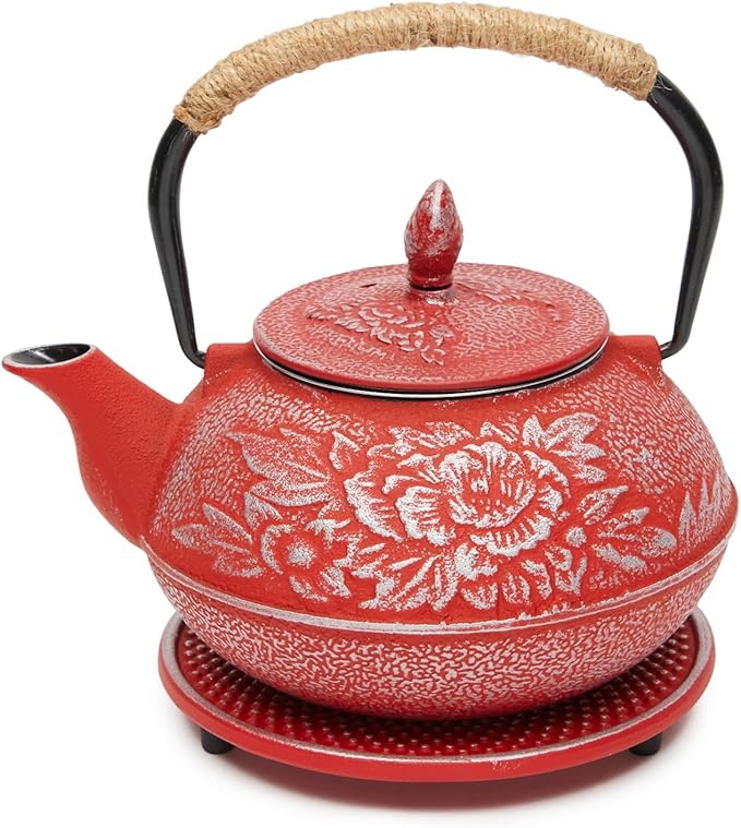 Juvale Japanese Cast Iron Teapot with Infuser - Red, 27 oz (800 ml), 3-Pc Teapot Set - Stovetop Kettle for Loose Leaf Brewing - Removable Stainless Steel Infuser & Trivet Included