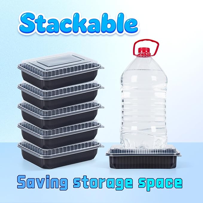 YANGRUI Plastic Containers with Lid 40 Pack 48 oz - Reusable Shrink Wrap Leak Proof Takeout | Flexible Pure PP BPA Free Food Container | Dishwasher & Microwave Safe Restaurant Meal Prep Food Container