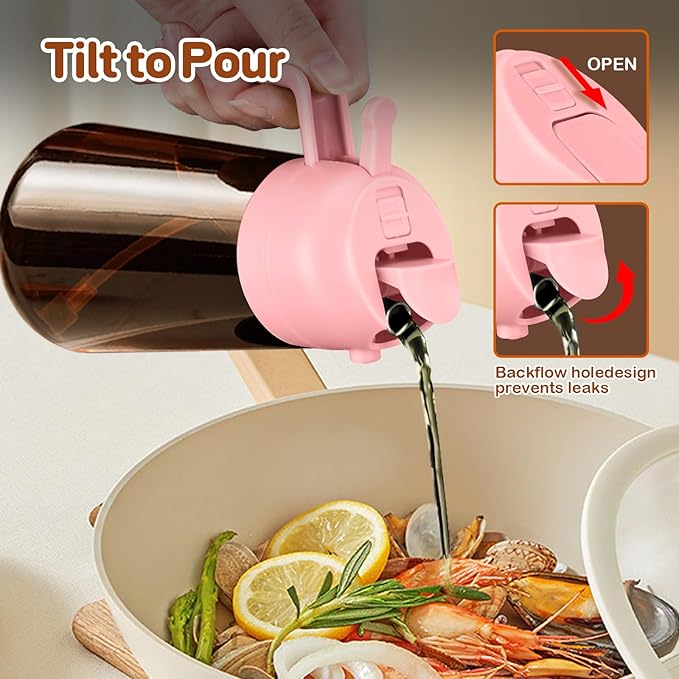 YARRAMATE 2Pcs 16oz/470ml Dark Brown Oil Sprayer for Cooking with Stickers, Food-grade Premium 2 in 1 Olive Oil Dispenser Bottle for Kitchen Gadgets, Air Fryer, Salad, Frying, BBQ (Pink&Black)