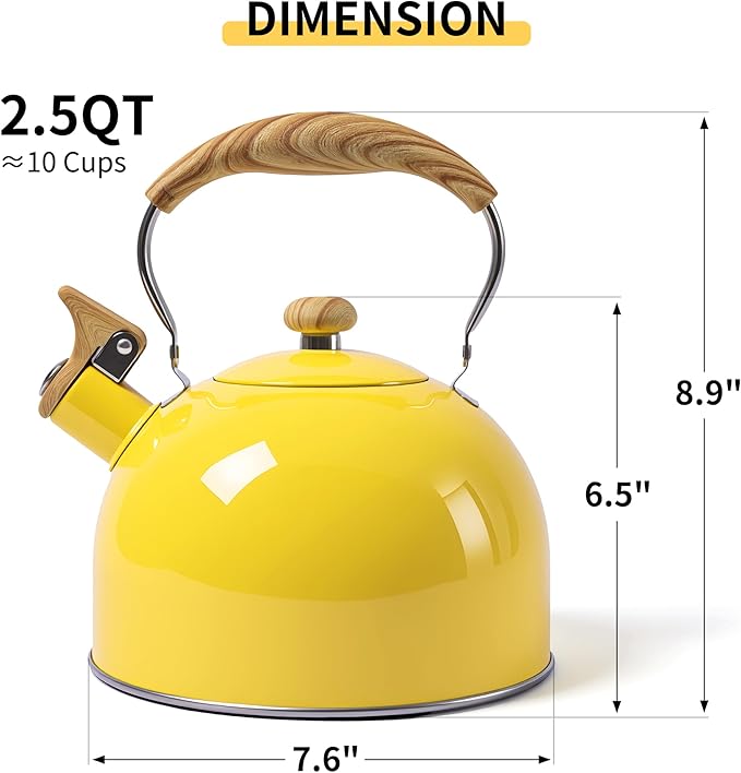 LONFFERY Tea Kettle, 2.5 Quart Whistling Tea Kettle, Tea Pots for Stove Top Food Grade Stainless Steel with Wood Pattern Folding Handle - Yellow
