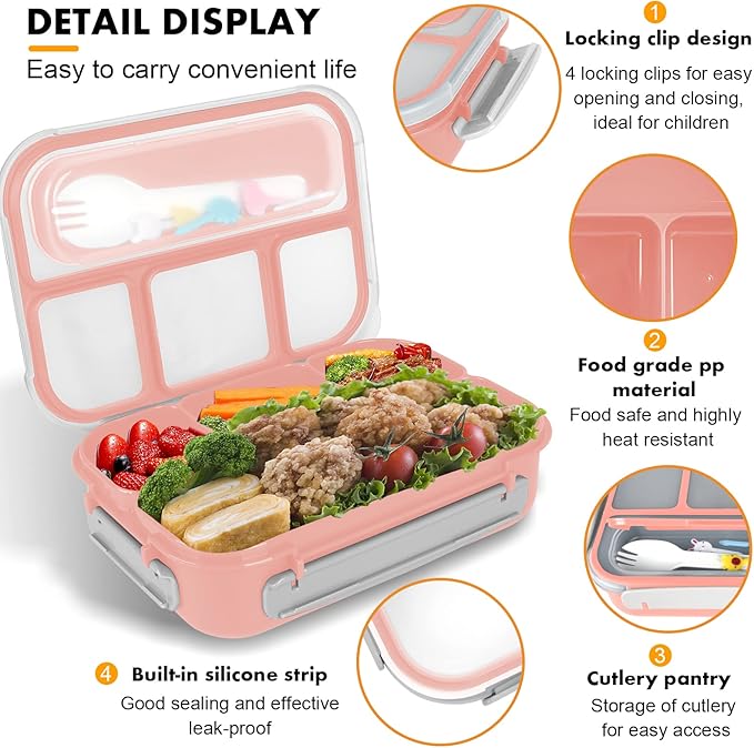 Bento Box Kids, 1300ML Adult Lunch Box with 4 Compartment & Food Picks & Cake Cups, Leak-Proof, Microwave/Dishwasher/Freezer Safe (Pink)