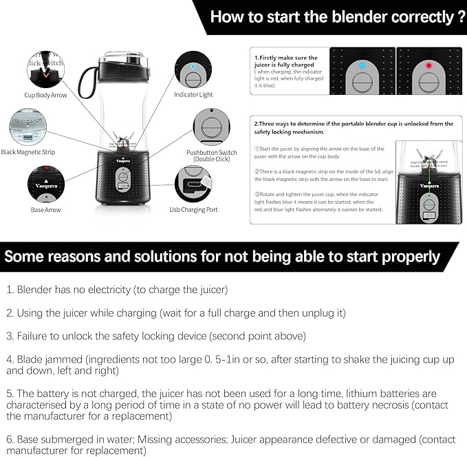 Vaeqozva Portable Blender USB Rechargeable Personal Mixer Fruit 12.8 Oz Mini Blender for Smoothie, Fruit Juice, Protein Shake, Milk Shakes