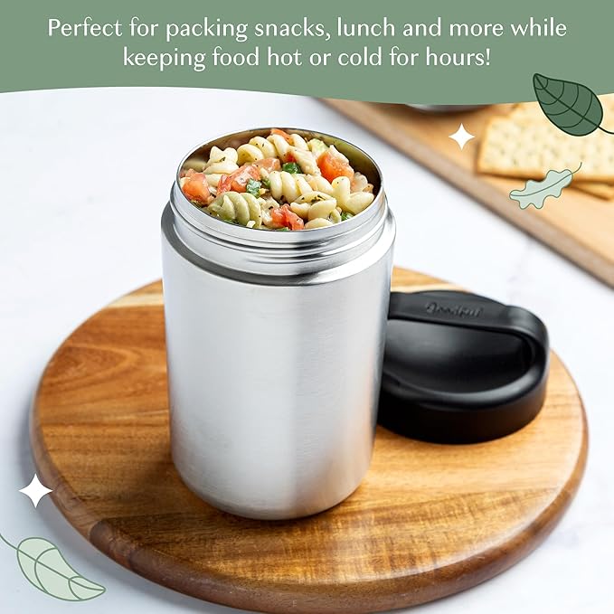 Goodful Stainless Steel Food Jar, Double Wall Vacuum Sealed Insulated Food Storage Container with Carry Handle Lid, 16-Ounce, Stainless Steel