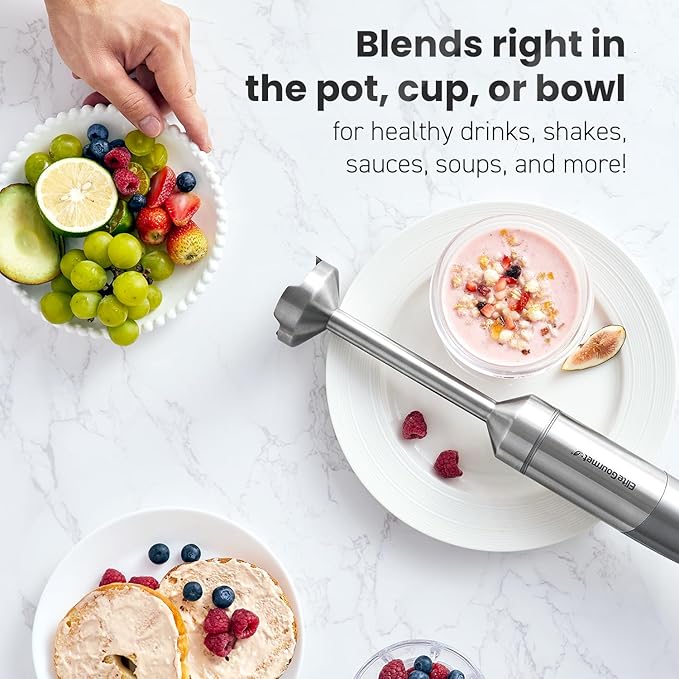 Elite Gourmet EHB1300 Cordless, Rechargeable Hand Blender, Variable Speed Blending with One-Touch Power Button, Stainless Steel Blades, Portable, Easy Control Stick Mixer, Baby Food, Charcoal Grey
