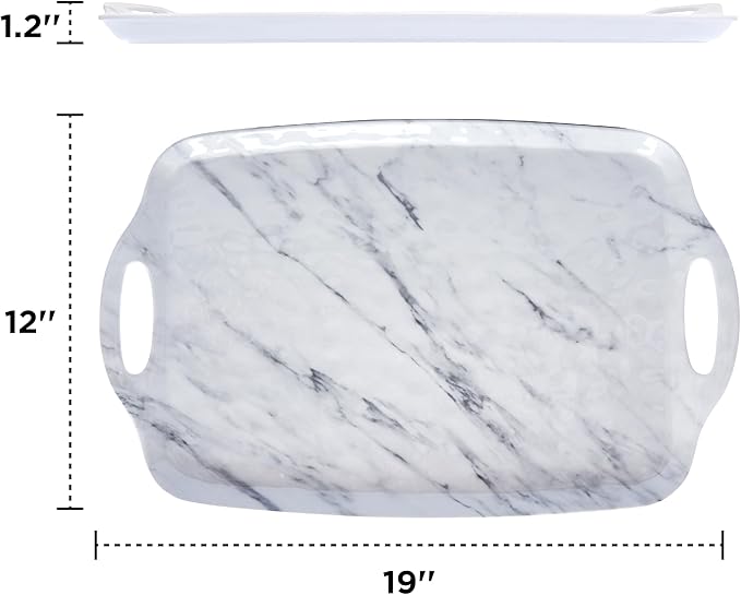 TP Serving Trays with Handles, 19 Inch Large Rectangular Melamine Serving Platter Set of 2, White Marble