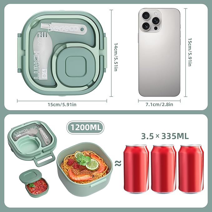 Bento Box for Adults & Kids – Single Compartment Lunch Box,Food Container,BPA-Free,Microwave & Dishwasher Safe with Removable Divider,Utensils & Sauce Jar-Green