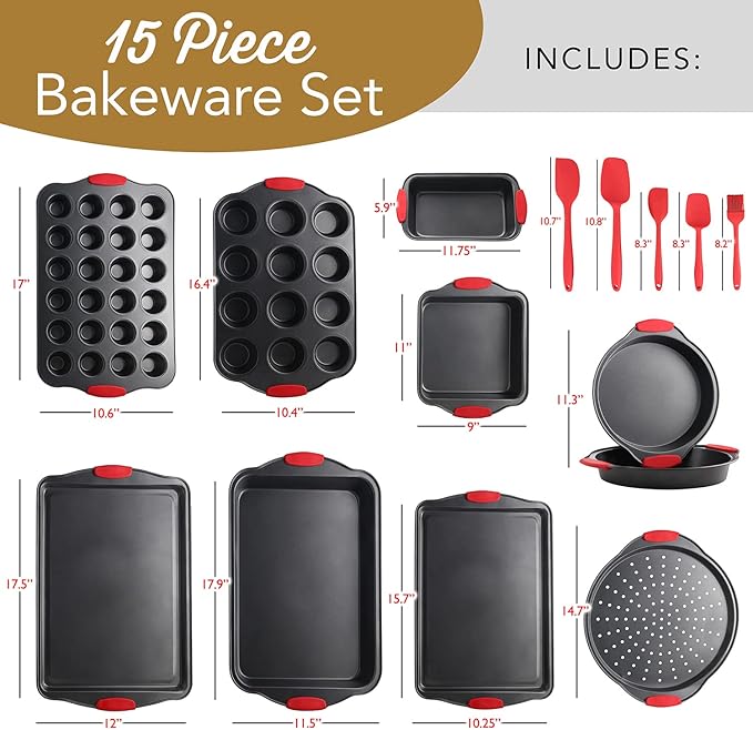 Eatex Nonstick Bakeware Sets with Baking Pans Set, 39 Piece Baking Set with Muffin Pan, Cake Pan & Cookie Sheets for Baking Nonstick Set, Steel Baking Sheets for Oven with Red Kitchen Utensils Set