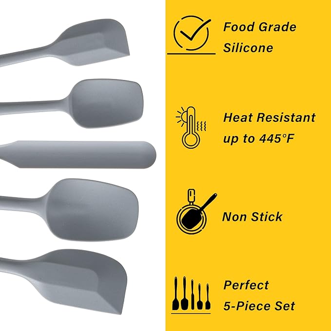 Silicone Spatula Set, 5 Piece Food Grade Rubber Spatulas for Baking, Cooking, and Mixing High Heat Resistant Non Stick Dishwasher Safe BPA-Free (Grey)