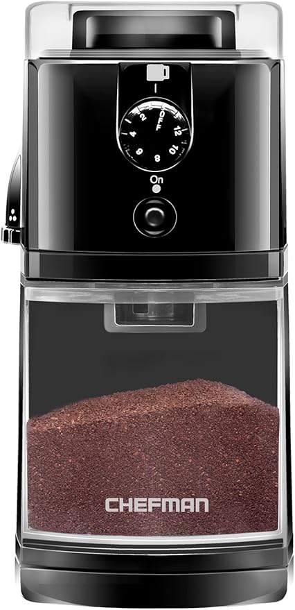 Chefman Coffee Grinder Electric Burr Mill - Freshly Grinds Up to 2.8oz Beans, Large Hopper with 17 Grinding Options for 2-12 Cups, Easy One Touch Operation, Cleaning Brush Included, Black