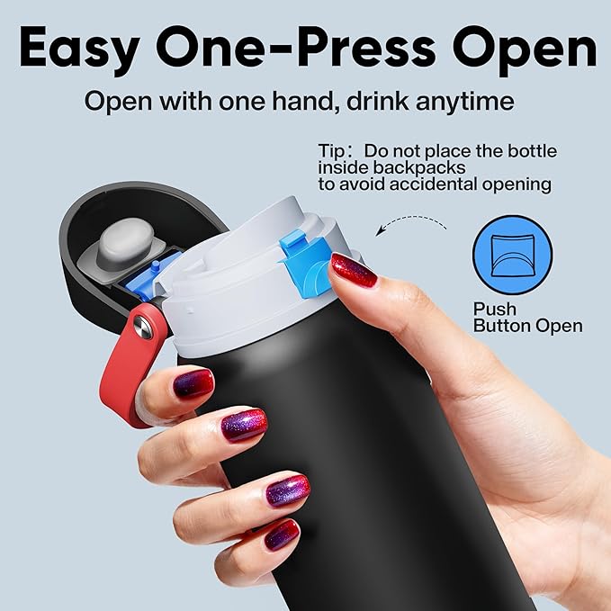 Insulated Water Bottle with Straw - Encool Stainless Steel Water Bottle with Push Button Lid, Leak-Proof & BPA-Free, Keeps Cold for 24 Hours for Sports, Travel, Gym (32 oz, Oil Black)