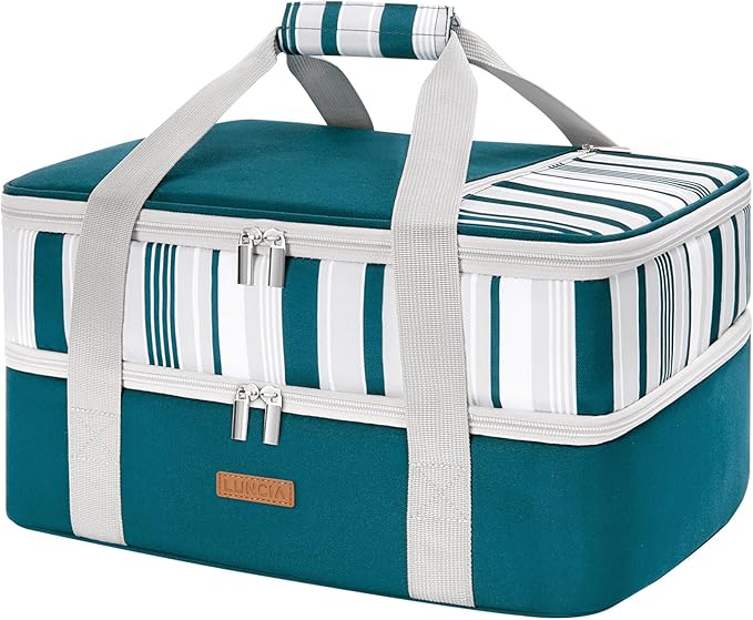 LUNCIA Double Decker Insulated Casserole Carrier for Hot or Cold Food, Lasagna Holder Tote for Potluck Parties/Picnic/Cookouts, Fits 9"x13" Baking Dish, Green