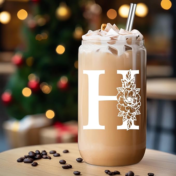 Coolife Initial Glass Cup, Monogrammed Gifts for Women, 16 oz Glass Cups w/Lids Straws, Iced Coffee Smoothie Beer Tumbler w/Straw Lid - Personalized Christmas, Birthday Gifts for Her Mom Friend Woman