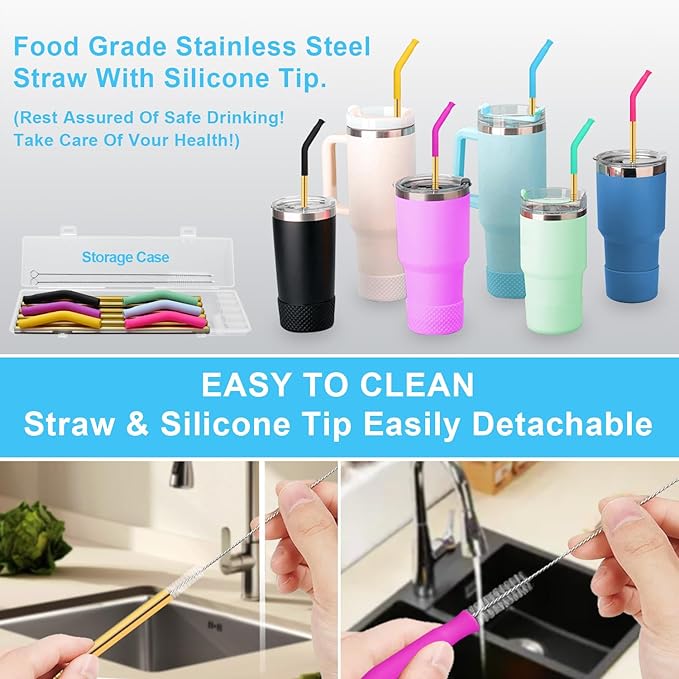 Newly Upgraded 8.5In Reusable Stainless Steel Straws Set 6 PCS with12 Silicone Accessories, 2 Straw Brush, 1 Storage Case, BPA Free, Eco-Friendly Metal Straws for 14, 20, 30,40 oz Tumbler