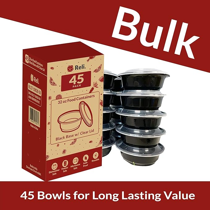 Reli. Meal Prep Containers, 32 oz. | 45 Pack | Reusable Meal Prep Bowls/Food Containers | Microwavable Bowls with Airtight Lids, Black Food Storage