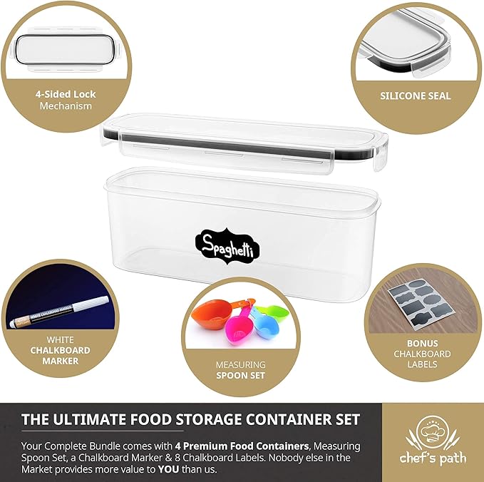 Chef's Path Airtight Food Storage Container Set (Set of 6) - Ideal for Pasta, Spaghetti & Noodles - Pasta Containers for Kitchen Organization and Storage - Plastic Canisters with Durable Lids