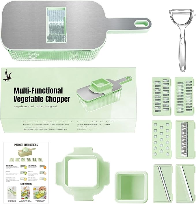 Multifunctional Mandoline food Slicer & Vegetable Chopper with Container – 6-in-1, mandolin, Cutter, Grater, Potato Slicer, Tomato Cutter, Cabbage Shredder & Fruit/Veggie Shredder -Safe & Easy to Use