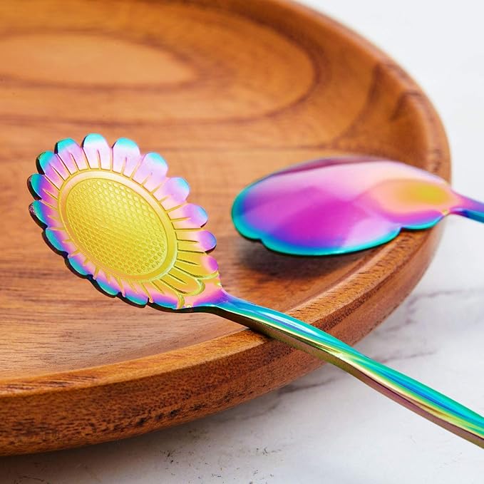 Chengu 8 Pieces Flower Coffee Tea Spoons Stainless Steel Sugar Spoons Tea Party Flower Fancy Tableware Set Stir Bar Creative Stirring Teaspoon, 8 Different Patterns(Rainbow Color)