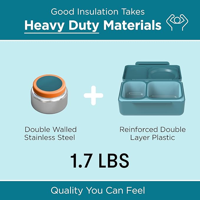 Omie OmieBox UP bento Box for Kids | Insulated Lunch Box | Leak Proof Vacuum Insulated Thermal Food jar | Cooler ice Pack | 2 Compartments (Teal Green)
