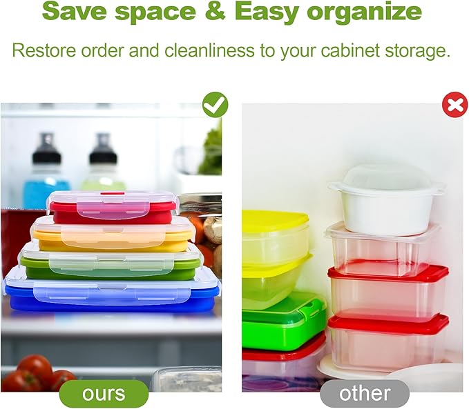 Set of 4 Collapsible Silicone Food Storage Container, Leftover Meal box For Kitchen, Bento Lunch Boxes, BPA Free, Microwave, Dishwasher and Freezer Safe. Foldable Design Saves Your Space.