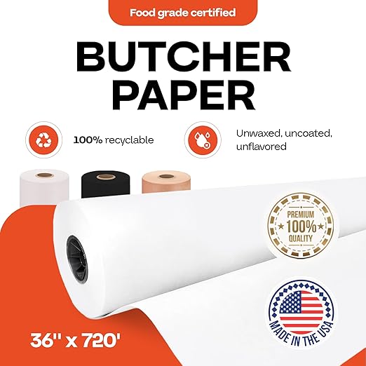 White Butcher Paper Roll 36" x 8640" (720 feet) - USA-Made Natural Food-Grade Paper for Cooking Meat and Fish - Unwaxed Material for Smoker, BBQ & Grilling by IDL Packaging