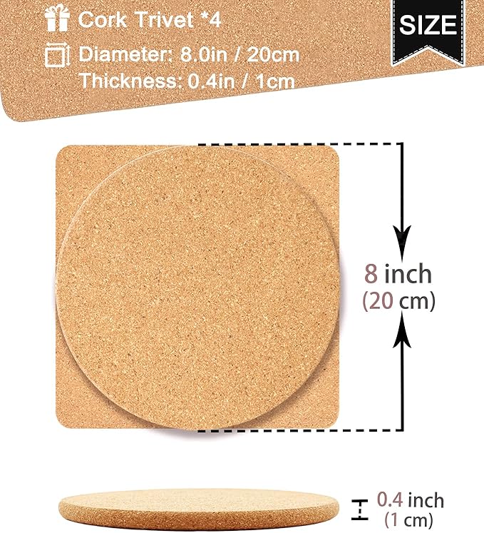 Cork Trivet, High Density Fine Particle Thick Cork Trivets for Hot Dishes, 8 Inch Heat Resistant Cork Coaster, Cork Placemats Cork Hot Pads for Hot Pots and Pans, 4 Pcs